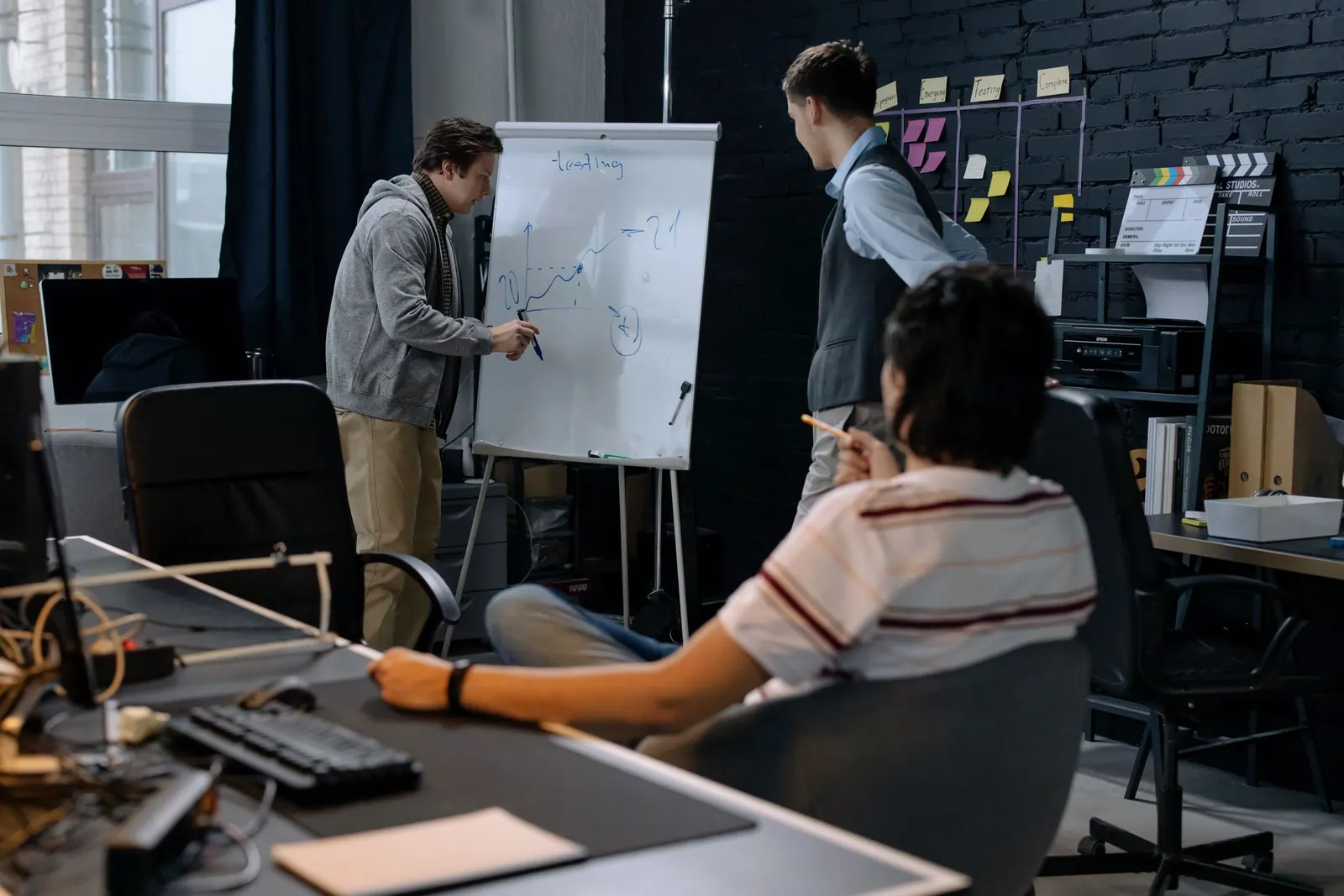 A small team planning at a whiteboard